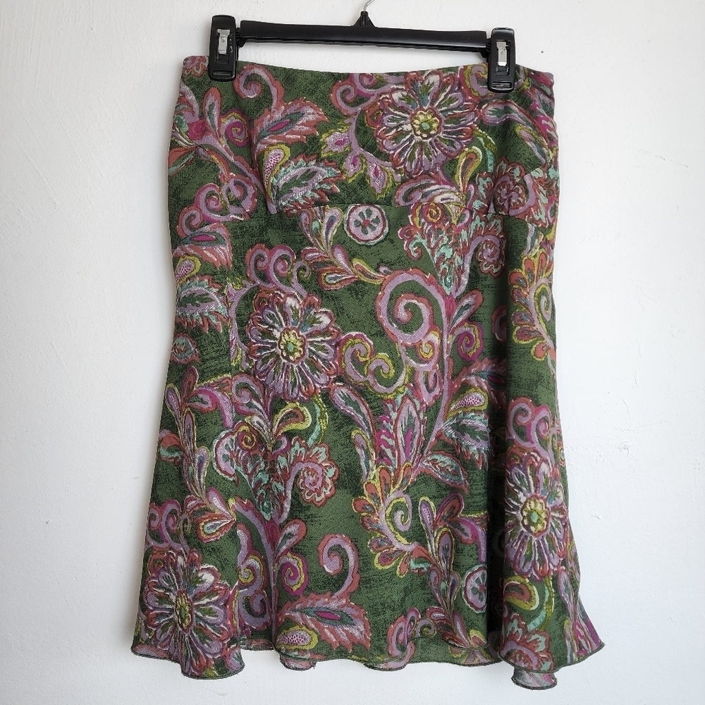 Nine & Company Paisley Print Olive Green Lavender Lined Women's Skirt Size 10